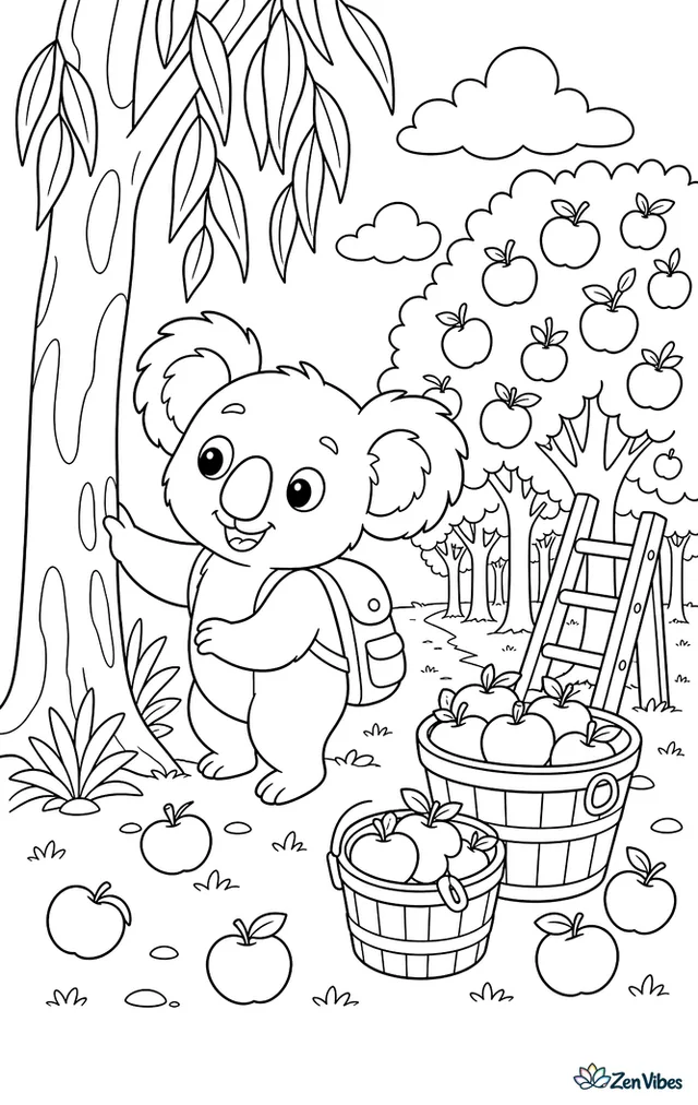 A koala explores an apple orchard edge beside a eucalyptus tree, with baskets of apples, a wooden ladder, fallen fruit, and neat rows of trunks behind.