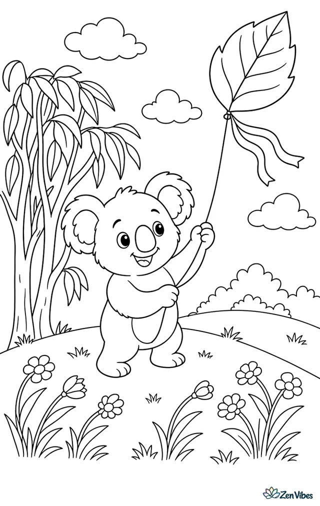 A koala on a grassy hill holds a string attached to a leaf-shaped kite, with a eucalyptus grove, drifting clouds, and wildflowers bending in the breeze.