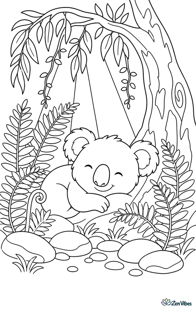 A koala rests in a shady fern grotto at the foot of a eucalyptus tree, with arching fronds, smooth stones, dangling vines, and filtered sunlight beams.