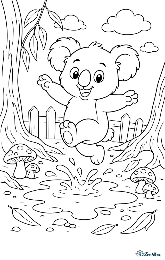 A playful young koala hops over a rain puddle between tree roots, with splashes, eucalyptus leaves, pebbles, and umbrella-shaped mushrooms around the clearing.