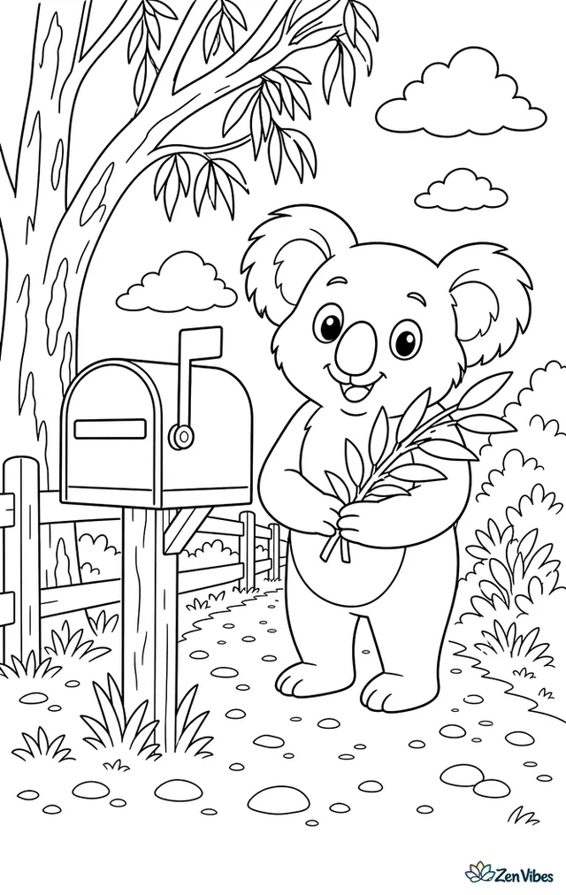 A koala stands beside a country postbox near a eucalyptus lane, holding leaf sprigs while a fence, mailbox flag, gravel path, and shrubs complete the scene.