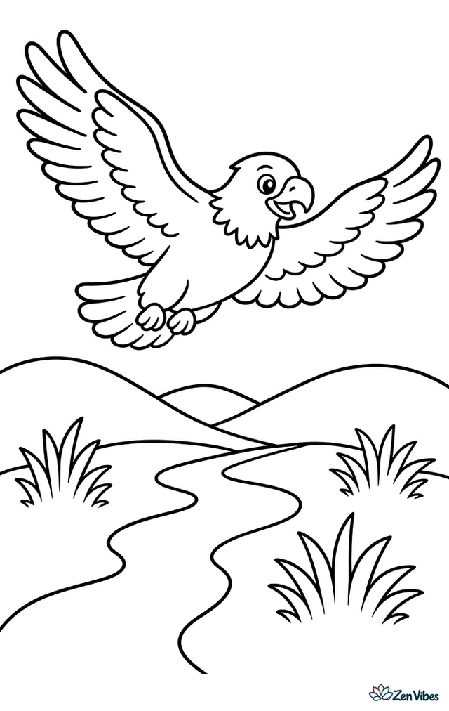 A golden eagle glides above rolling grassland, wings stretched wide over a winding stream, with low hills, three tufts of prairie grass, and an open sky.