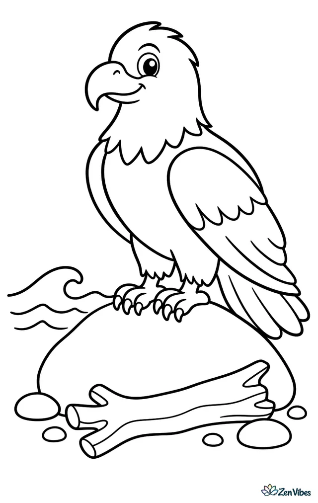 A Steller's sea eagle rests on a smooth seaside rock beside gentle waves, with a driftwood log, a few pebbles, and a simple horizon line behind it.