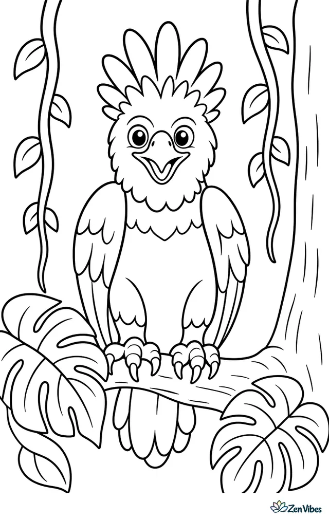 A harpy eagle grips a jungle branch among large tropical leaves, facing forward with raised crest feathers, while two hanging vines and a tree trunk frame the scene.