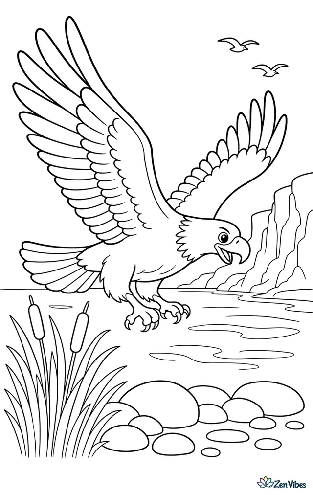 A white-tailed eagle swoops low above a quiet coastal inlet, passing over reeds and round shoreline stones, with distant cliffs and two seabirds tiny in the background.