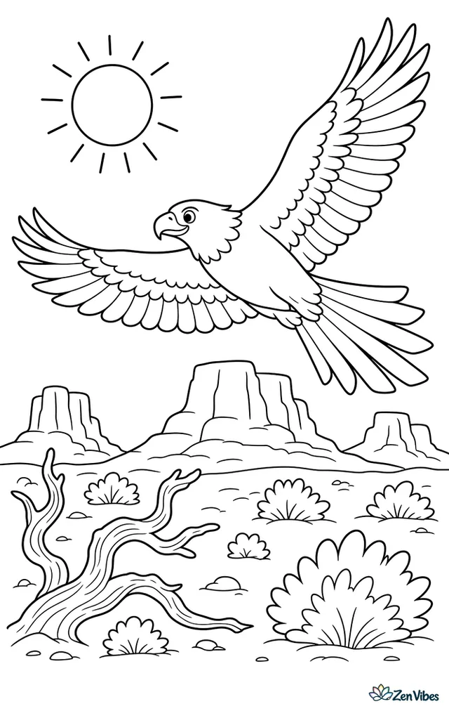 A wedge-tailed eagle circles above a red desert plain dotted with scrub bushes, while layered mesas, a twisted branch, and a bright sun create a broad open scene.