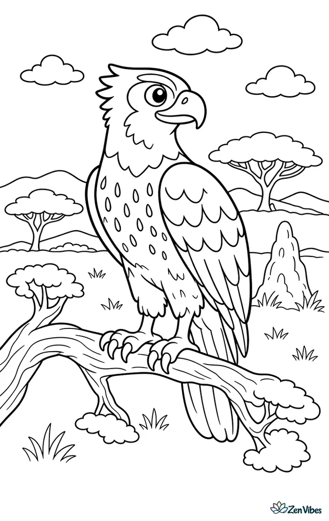 A martial eagle stands on an acacia limb, scanning a grassy savanna with umbrella-shaped trees, a termite mound, and far-off hills beneath a few floating clouds.