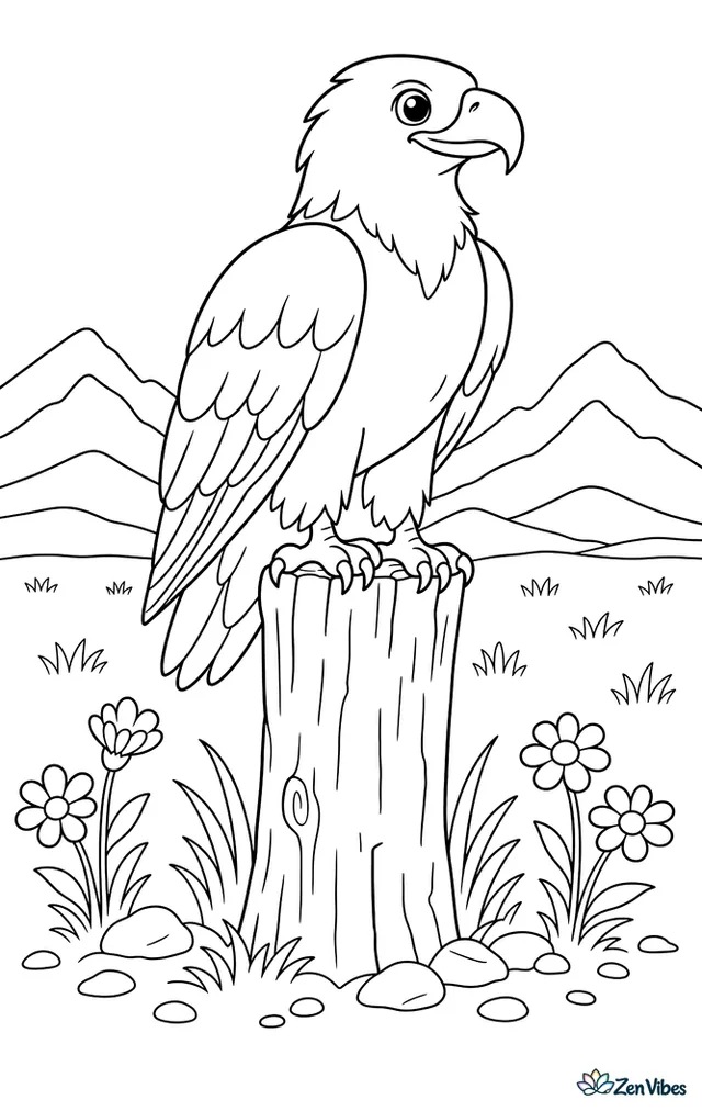 A steppe eagle pauses on a weathered fence post in wide grassland, with wildflowers, scattered stones, and distant mountains stretching across the background.