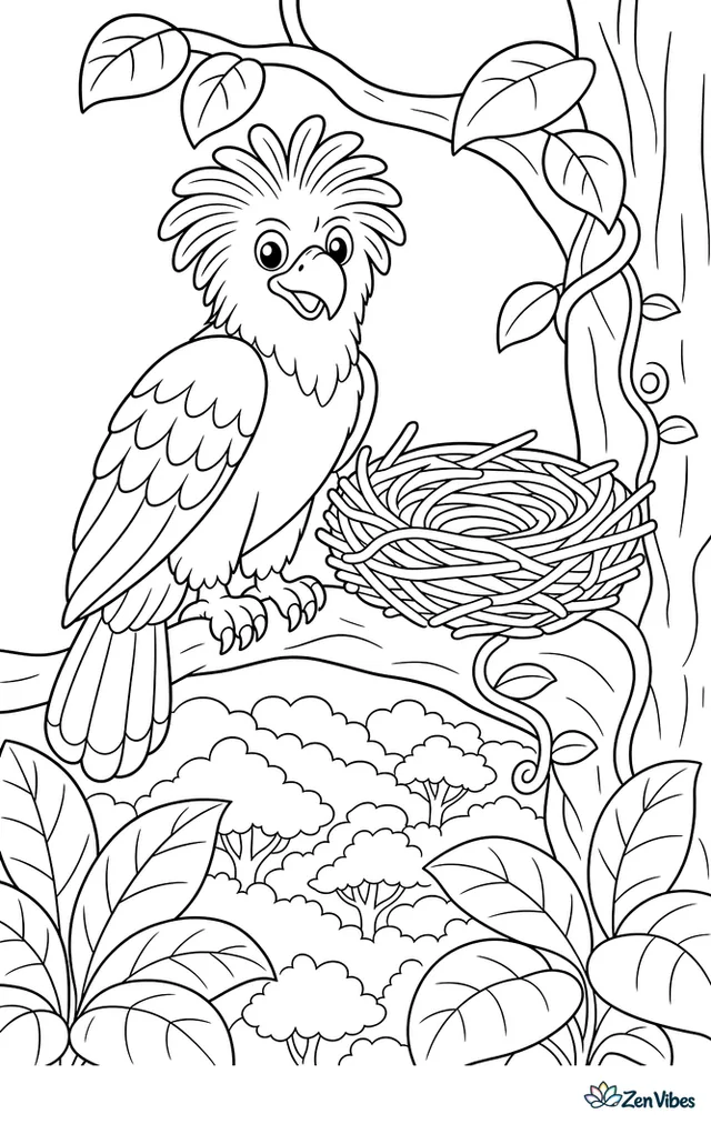 A Philippine eagle sits beside a sturdy nest high in a rainforest tree, surrounded by broad leaves, curling vines, and a glimpse of layered forest canopy below.