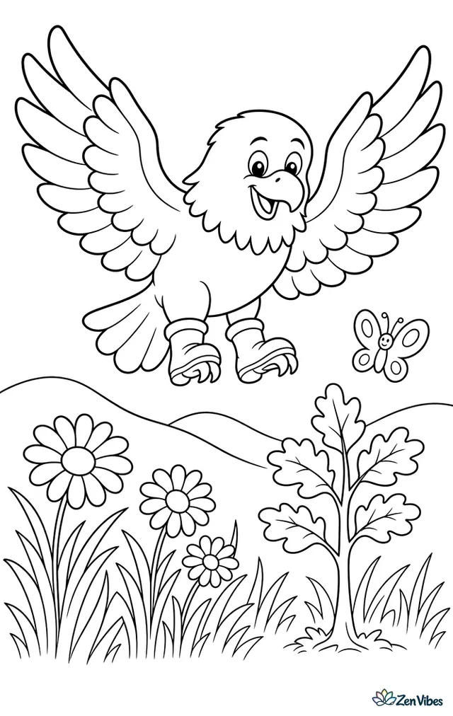 A booted eagle hovers over a meadow edge, above daisies and tall grass, with a small oak sapling, a butterfly, and soft hills in the distance.