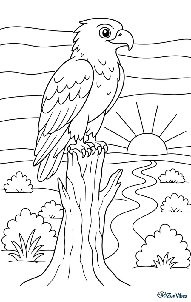 A tawny eagle perches on a dead tree snag at sunrise, overlooking dry plains with hardy shrubs, a winding dusty path, and a striped sky behind.