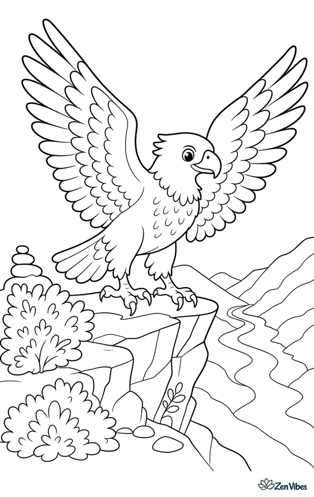 A Bonelli's eagle lands on a rocky cliff ledge above a valley, with sparse bushes, stacked stones, and a river curving between distant ridges.