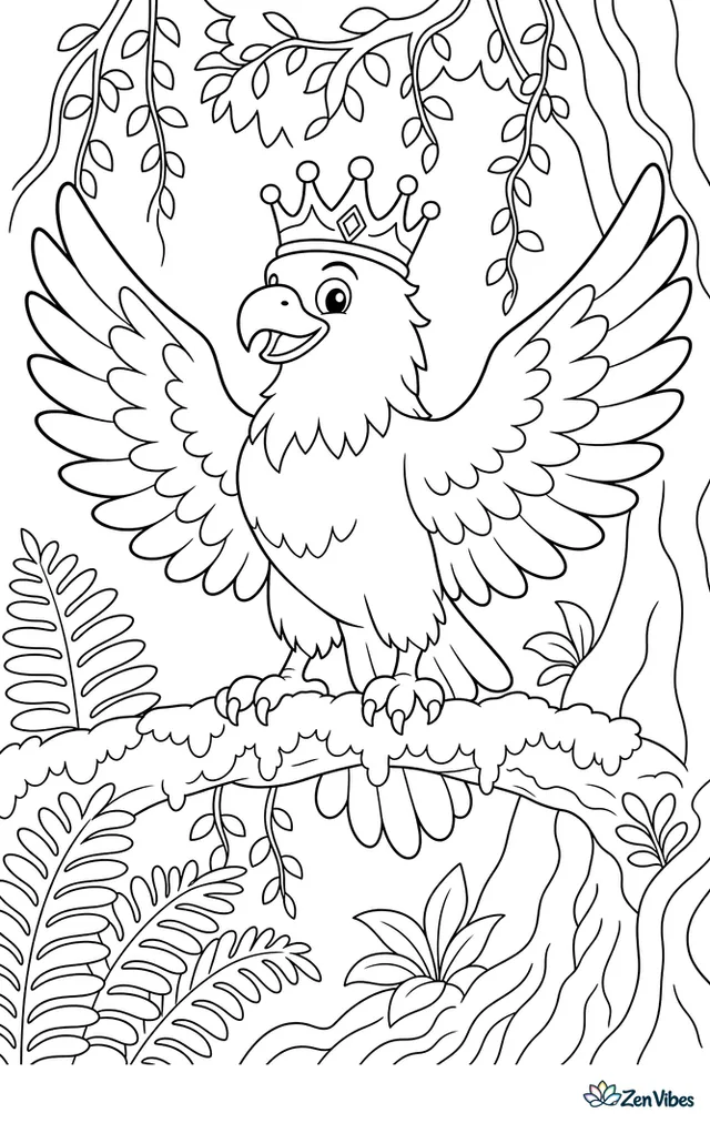 A crowned eagle spreads its wings on a mossy branch in dense forest, framed by ferns, hanging vines, tree roots, and dappled leaves filling the background.