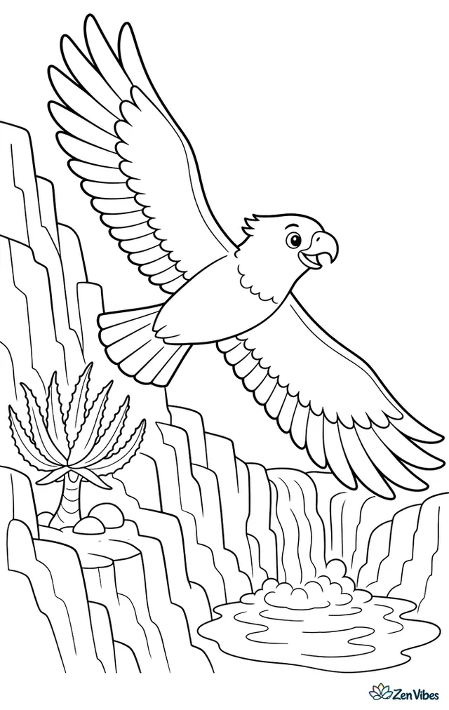 A Verreaux's eagle soars along a canyon wall, passing crags, a lone aloe plant, and a small waterfall that drops into a pool far below.