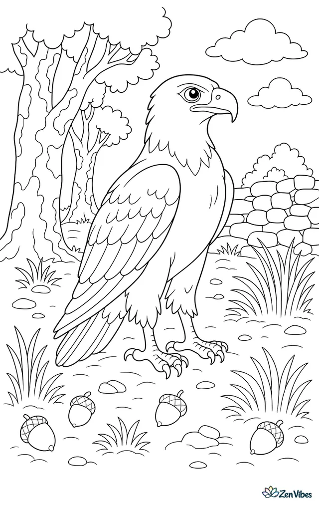 A Spanish imperial eagle stands in an open woodland clearing, near cork oak trunks, scattered acorns, tall grasses, and a low stone wall under gentle clouds.