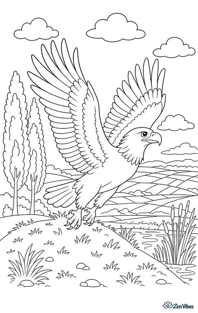 An eastern imperial eagle lifts off from a grassy mound, with poplar trees, a narrow pond, reeds, and distant farmland patchwork stretching across the horizon.
