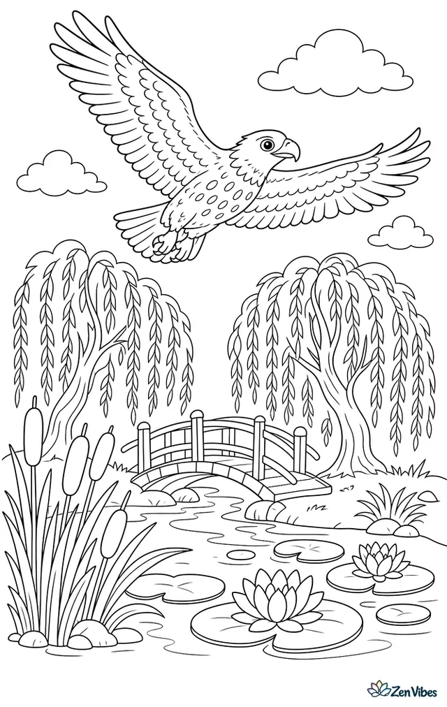 A lesser spotted eagle flies above a marsh, crossing over cattails, lily pads, a small footbridge, and two willow trees bending beside calm water.