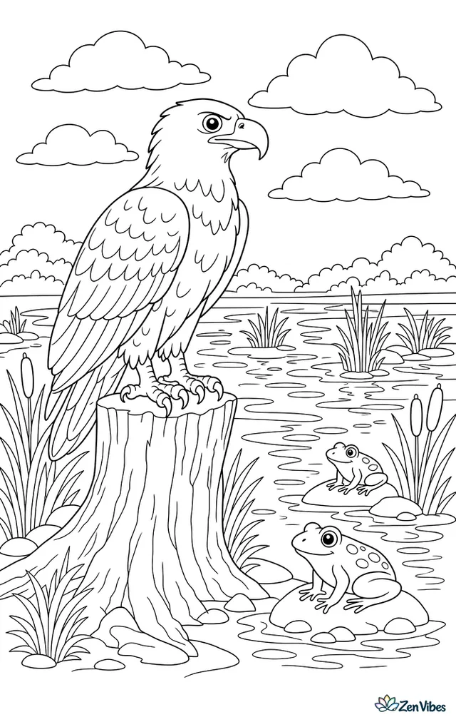 A greater spotted eagle perches on a riverbank stump, overlooking a broad wetland with rushes, reflective pools, frogs on rocks, and layered clouds above.