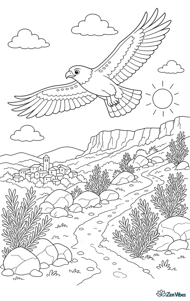A short-toed eagle glides over a sunny scrubland hillside, with rosemary bushes, scattered boulders, a winding trail, and a distant village tucked below cliffs.