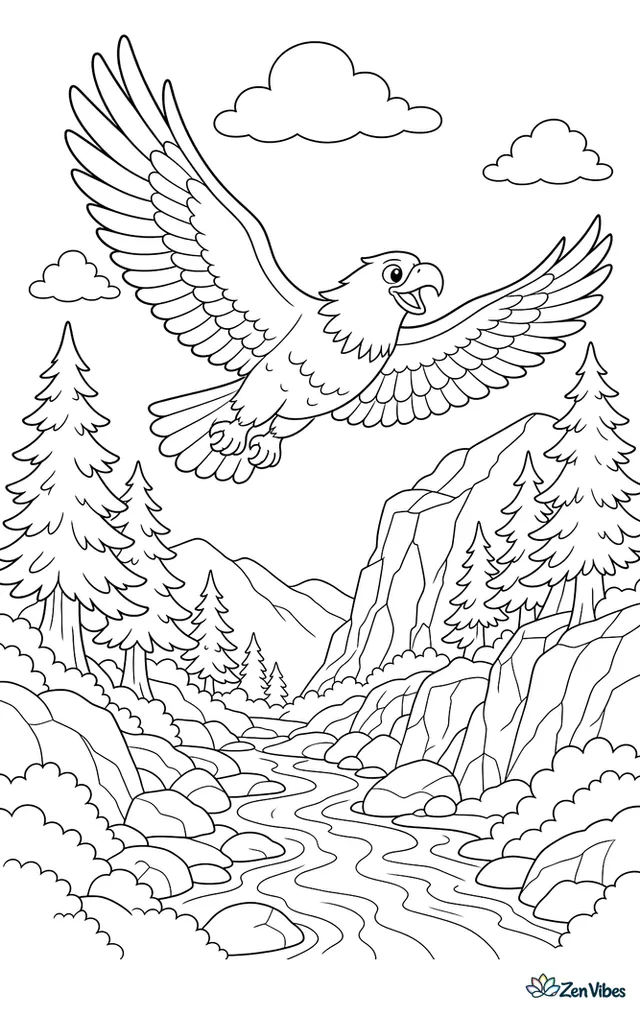 A black eagle sails through a forested gorge, passing tall pines, a rocky outcrop, and a stream threading between boulders at the valley floor.