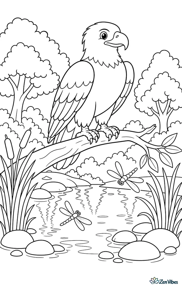 A Wahlberg's eagle balances on a branch above a woodland water hole, where reeds, smooth stones, dragonflies, and reflected trees create a lively natural setting.