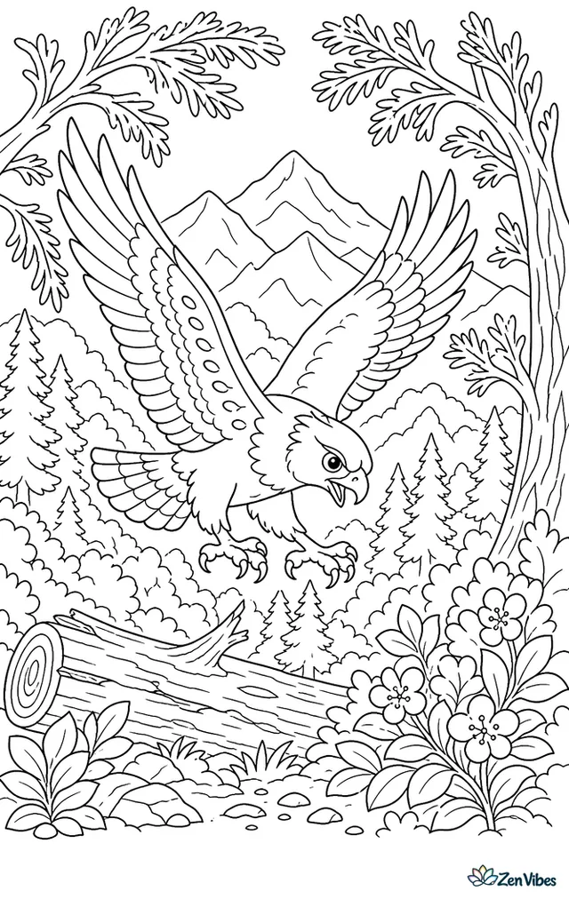 An Ayres's hawk-eagle dives through mountain forest, with cedar branches, a fallen log, blooming shrubs, and layered peaks visible through an opening in the trees.