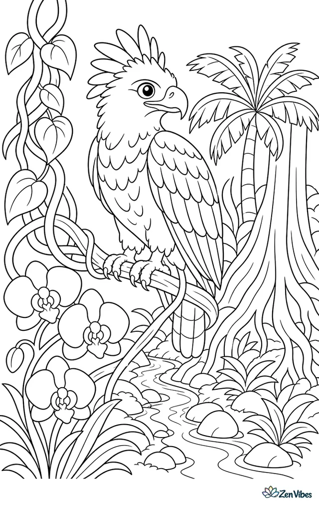 A changeable hawk-eagle watches from a rainforest vine tangle, surrounded by palms, orchid blooms, buttress roots, and a narrow creek winding through the undergrowth.