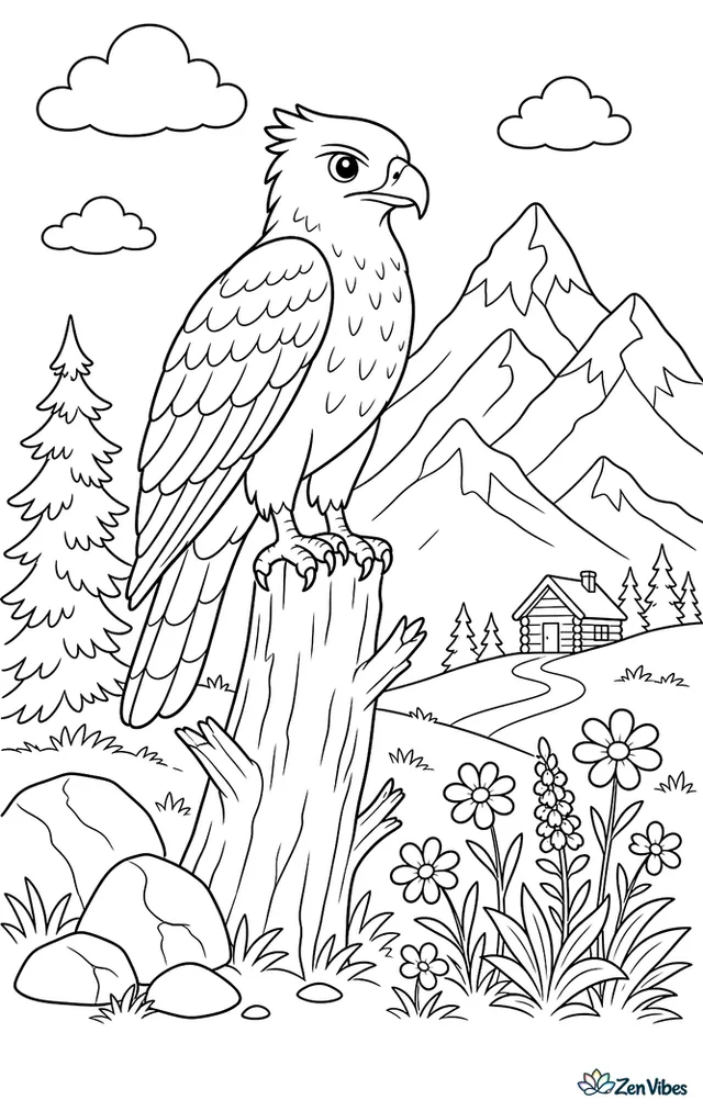 A mountain hawk-eagle perches on a conifer snag near an alpine meadow, with wildflowers, granite rocks, snowcapped peaks, and a tiny cabin far away.