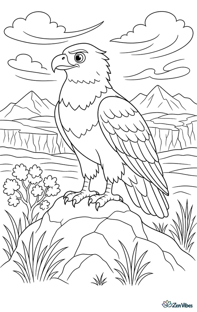 A black-chested buzzard-eagle stands on a windswept patagonian rock, with hardy grasses, a small shrub, distant glaciers, and rippling clouds above the open plain.