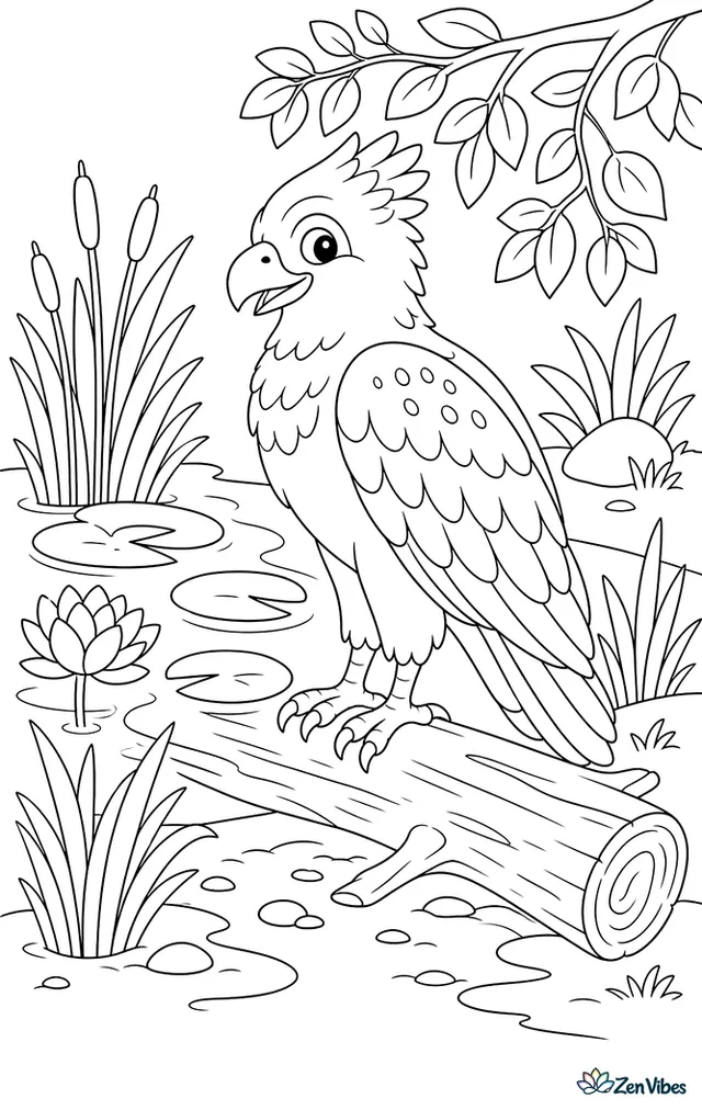 A crested serpent eagle sits beside a forest pond, surrounded by reeds, lotus leaves, overhanging branches, and a fallen log crossing the muddy bank.