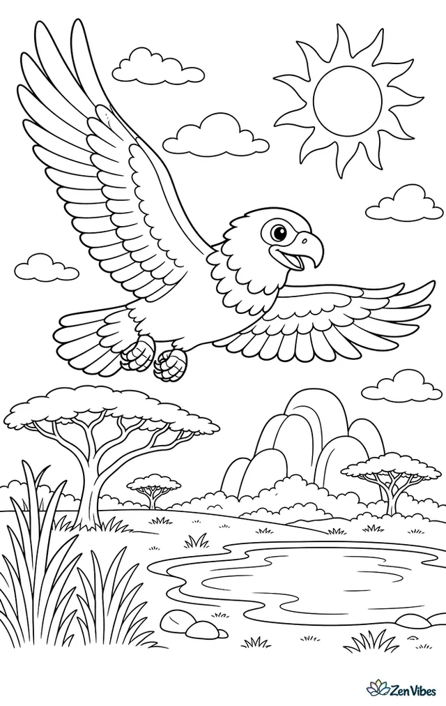 A bateleur flies over a sunlit savanna, passing acacia trees, tall grass, a water hole, and rounded kopjes under a wide patterned sky.