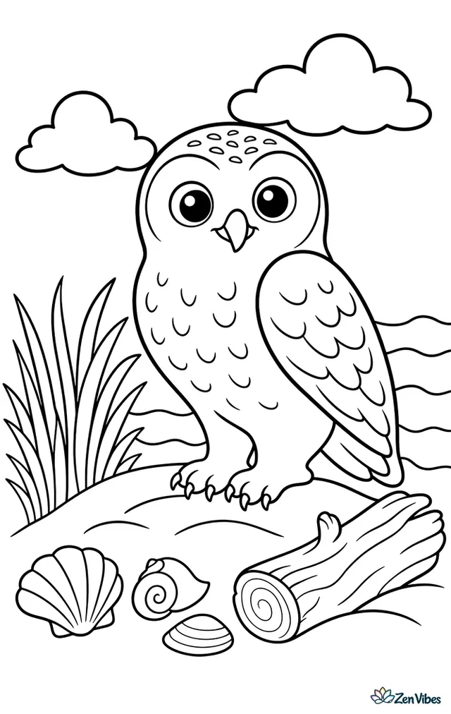A snowy owl stands on a sandy dune near the coast, looking over beach grass, smooth shells, a driftwood log, and gentle ocean waves under wide clouds.