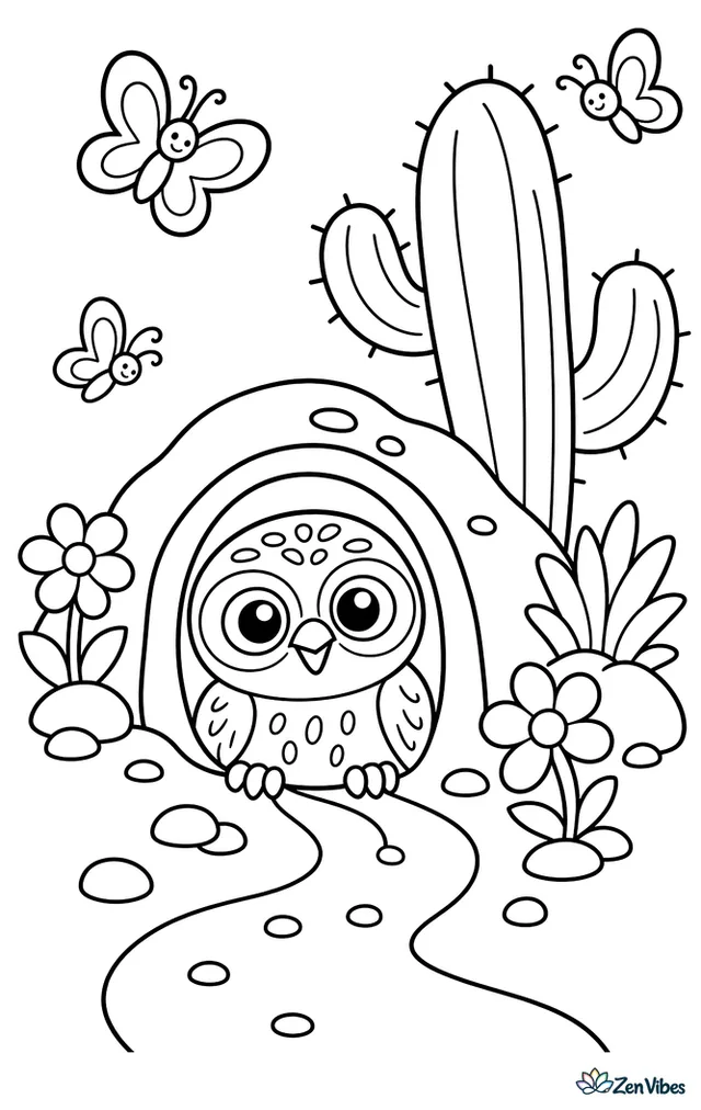 A burrowing owl peeks from its burrow entrance beside a cactus, surrounded by pebbles, desert flowers, a curved trail, and a few butterflies in warm sunlight.