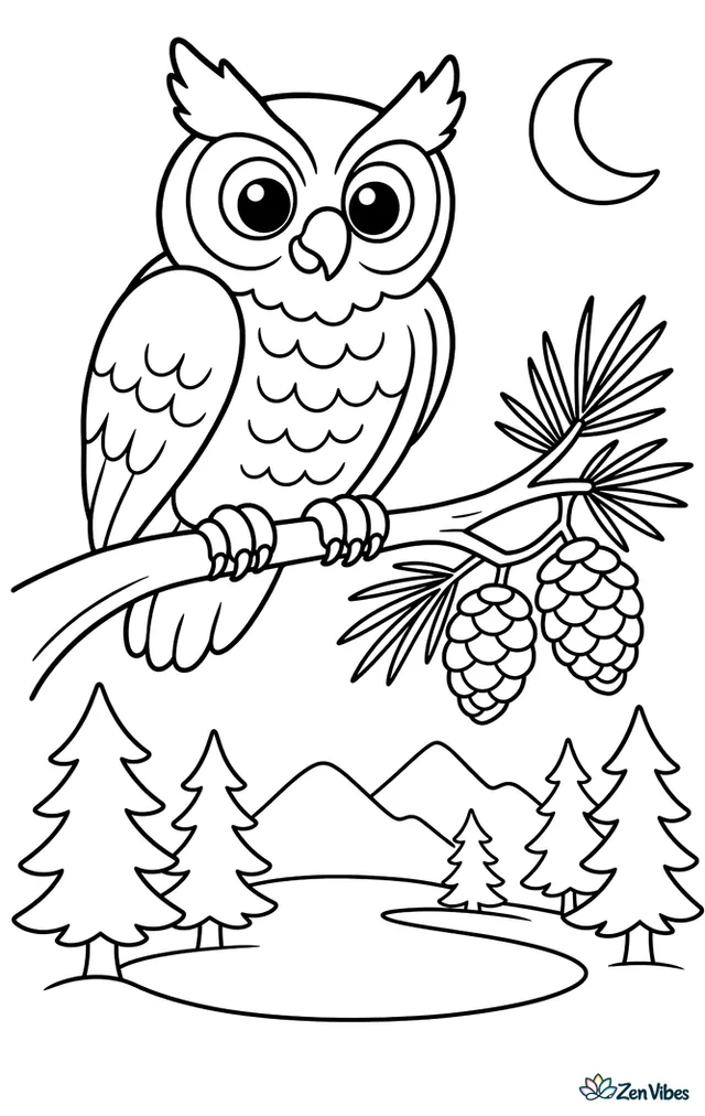 A great horned owl sits on a sturdy pine branch, watching pinecones, simple mountain shapes, a crescent moon, and a calm forest clearing below.