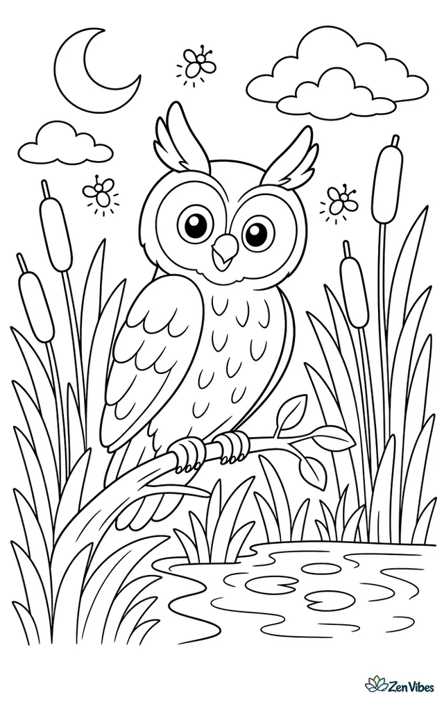 A long-eared owl perches in a thicket at twilight, surrounded by tall reeds, cattails, a narrow pond edge, fireflies, and layered evening clouds.
