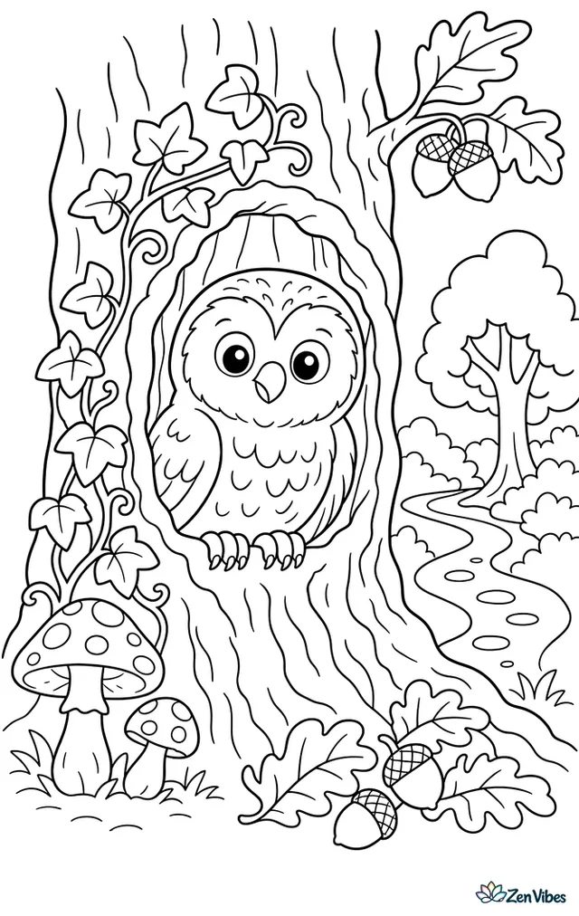 A tawny owl rests at the opening of an old oak hollow, with curling ivy, acorns, mushrooms, fallen leaves, and a winding woodland path nearby.