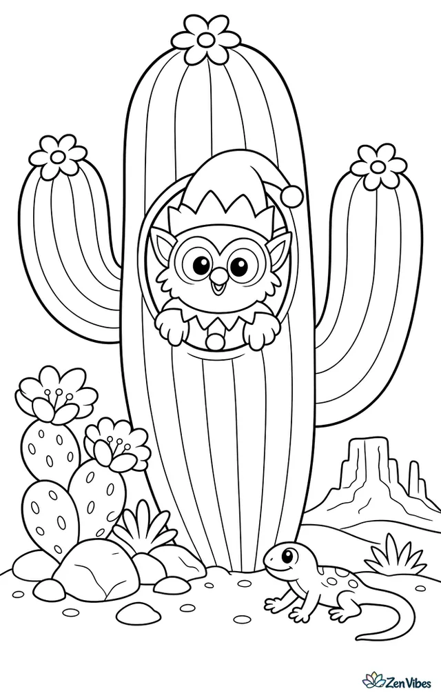 An elf owl looks out from a hole in a giant saguaro cactus, above desert rocks, blooming cactus flowers, a lizard on sand, and distant mesas.