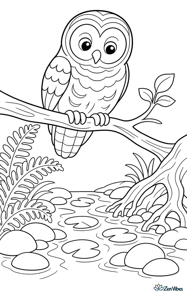 A barred owl watches a shallow forest stream from a low branch, while ferns, smooth stones, lily pads, and arching tree roots frame the water.
