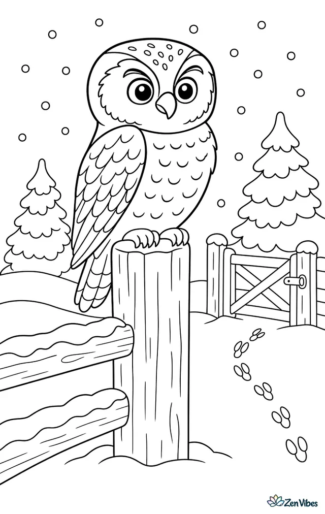 A northern hawk-owl scans a snowy meadow from a fence post, with spruce trees, rabbit tracks, a wooden gate, and soft falling snowflakes around it.