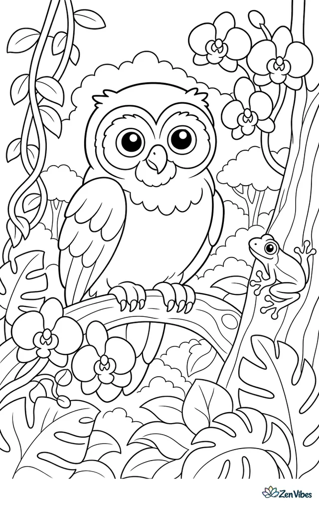 A spectacled owl sits in a rainforest canopy, surrounded by broad leaves, hanging vines, orchids, a tree frog on bark, and distant layered treetops.