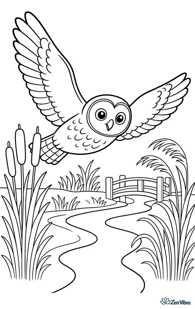 A short-eared owl flies low over a marsh, passing cattails, winding water channels, marsh grasses, a simple footbridge, and reeds bending in the breeze.