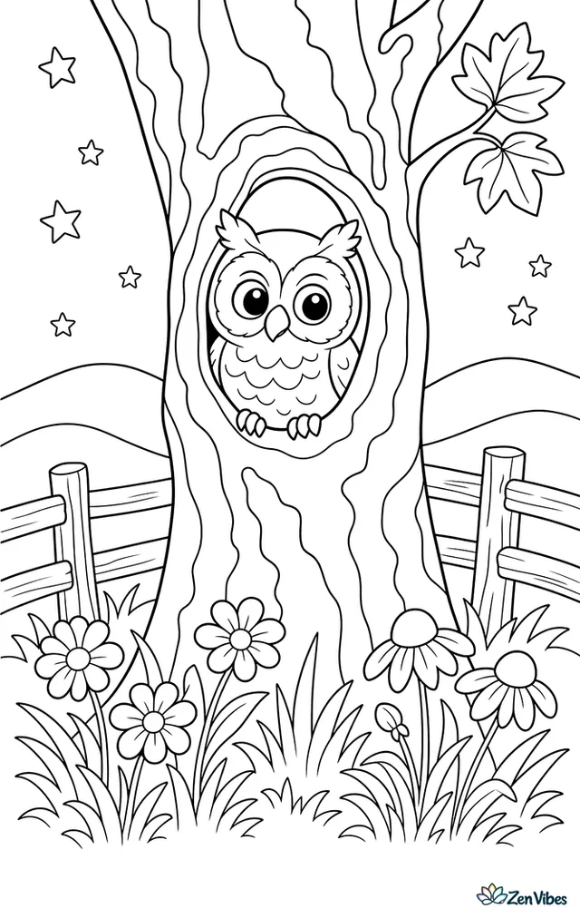 A western screech-owl peers from a knot in a sycamore trunk, above wildflowers, tall grass, a split-rail fence, and rolling hills under stars.
