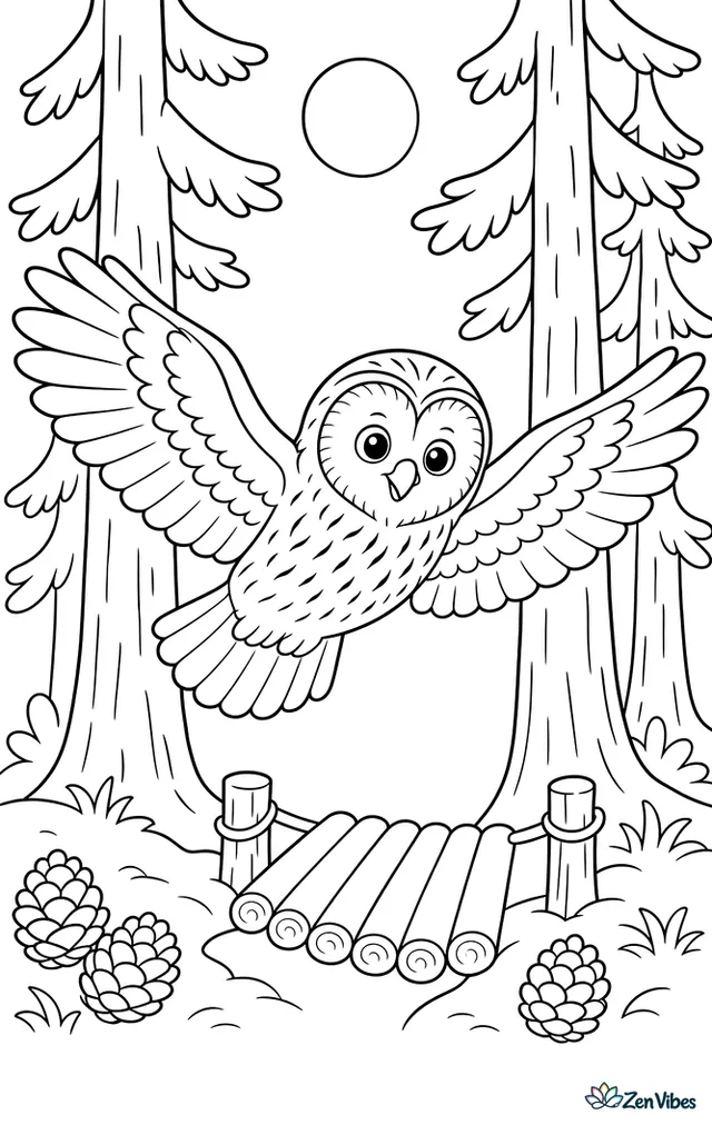 A Ural owl glides between tall pine trunks, with layered branches, cones on the forest floor, a small log bridge, and moonlight filtering through needles.