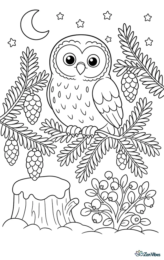 A boreal owl sits among dense spruce branches, surrounded by dangling cones, a snow-covered stump, berry shrubs, and tiny stars in a winter night sky.