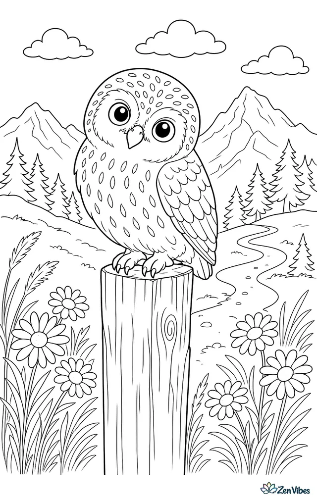 A northern pygmy-owl balances on a wooden trail post in a mountain meadow, overlooking daisies, grasses, distant peaks, and a winding footpath.