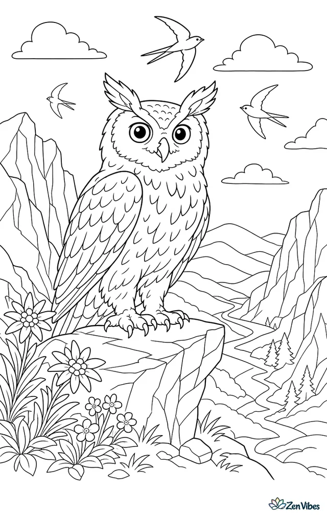 A Eurasian eagle-owl stands on a rocky ledge above a valley, with jagged cliffs, alpine flowers, circling swallows, and layered hills fading into the distance.