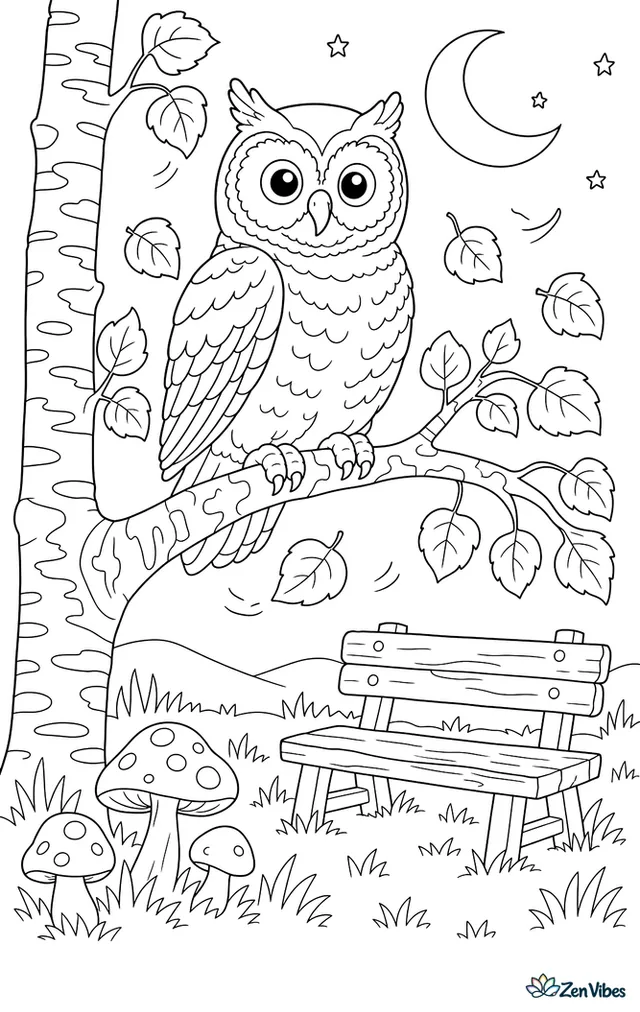 A flammulated owl rests on an aspen branch, surrounded by fluttering leaves, textured bark, mushrooms below, a wooden bench, and moonlit meadow grass.