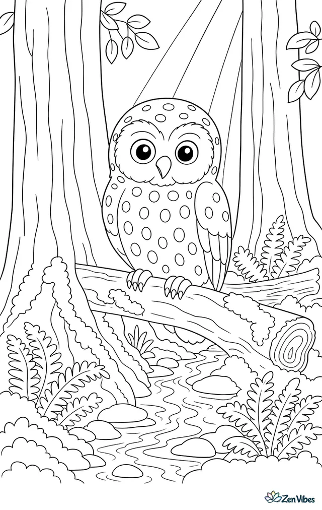 A spotted owl sits quietly among giant cedar trunks, with mossy roots, ferns, fallen logs, a trickling creek, and shafts of light crossing the forest floor.