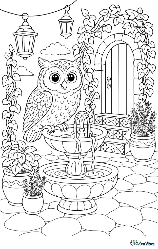 A mottled owl perches beside a stone courtyard fountain, framed by climbing vines, tiled steps, potted herbs, an arched doorway, and lanterns hanging overhead.