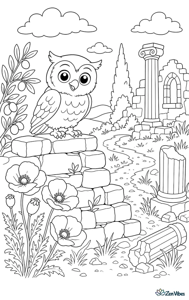 A little owl stands atop an old stone wall in countryside ruins, with poppies, broken columns, olive branches, and a winding path through dry grass.